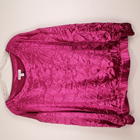 Prologue Tops - Raspberry Radiance Pink Shiny Metallic Crinkle Texture Pullover Blouse Barbiecor
